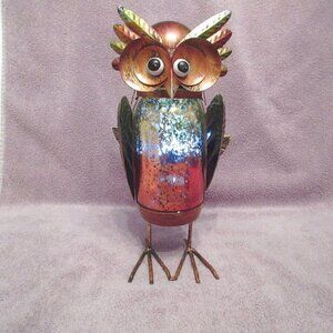 Tri-Color Metal Mason Jar Owl Candle Holder 13" Whimsical Indoor Outdoor Decor
